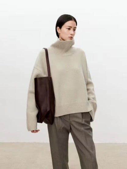 High neck cashmere sweater for women loose and thick with Woolen sweater with a knitted base - 7DAY'S