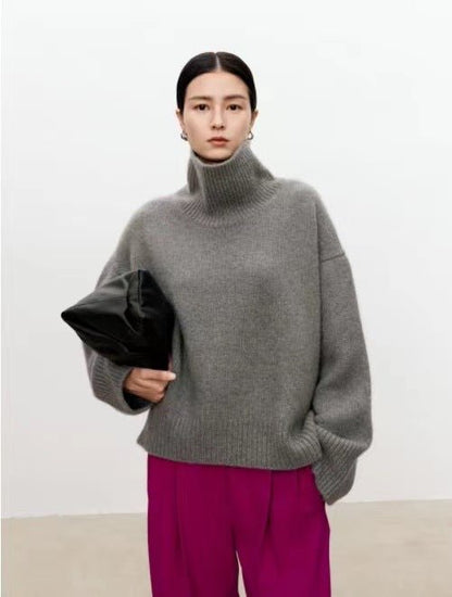High neck cashmere sweater for women loose and thick with Woolen sweater with a knitted base - 7DAY'S