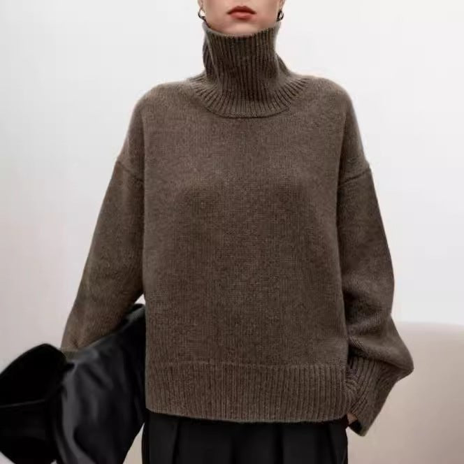 High neck cashmere sweater for women loose and thick with Woolen sweater with a knitted base - 7DAY'S