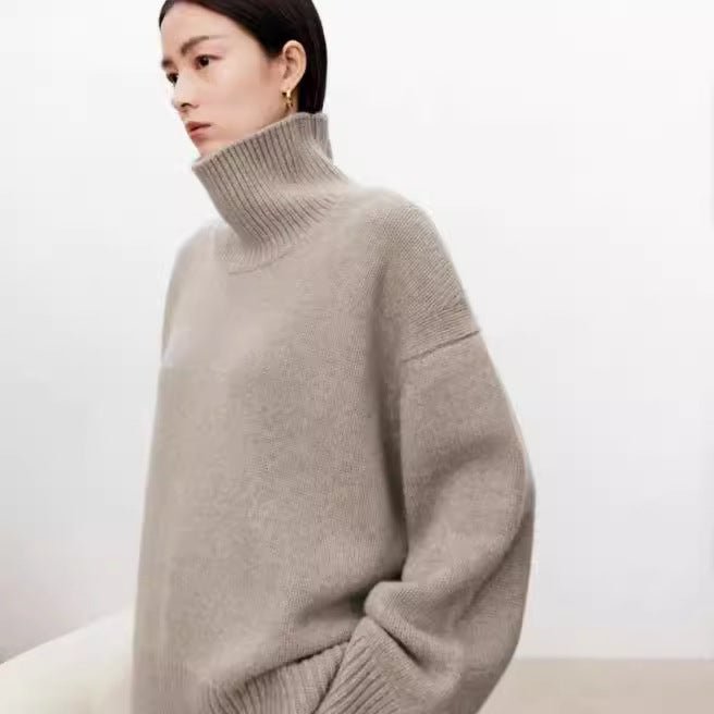 High neck cashmere sweater for women loose and thick with Woolen sweater with a knitted base - 7DAY'S