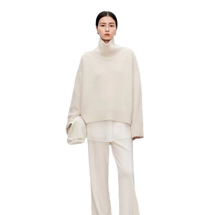 High neck cashmere sweater for women loose and thick with Woolen sweater with a knitted base - 7DAY'S