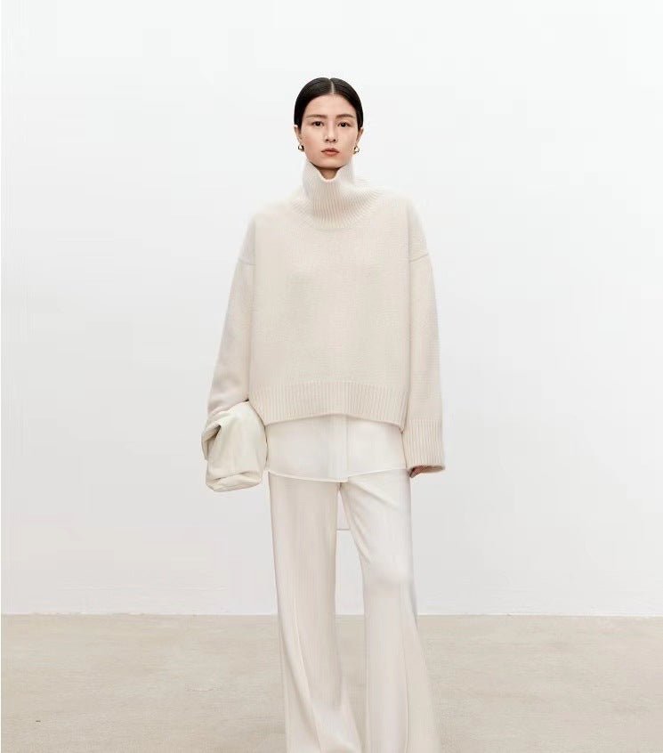 High neck cashmere sweater for women loose and thick with Woolen sweater with a knitted base - 7DAY'S