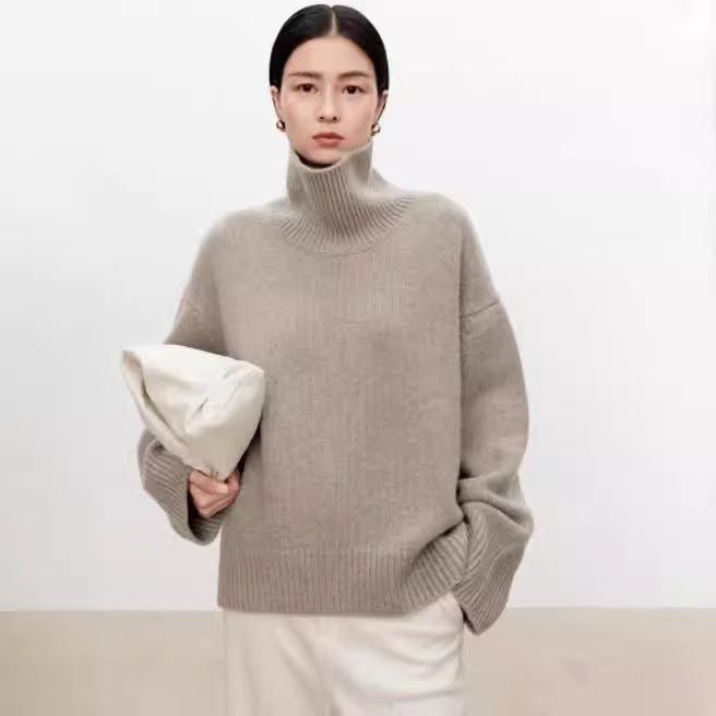 High neck cashmere sweater for women loose and thick with Woolen sweater with a knitted base - 7DAY'S