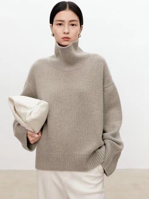 High neck cashmere sweater for women loose and thick with Woolen sweater with a knitted base - 7DAY'S