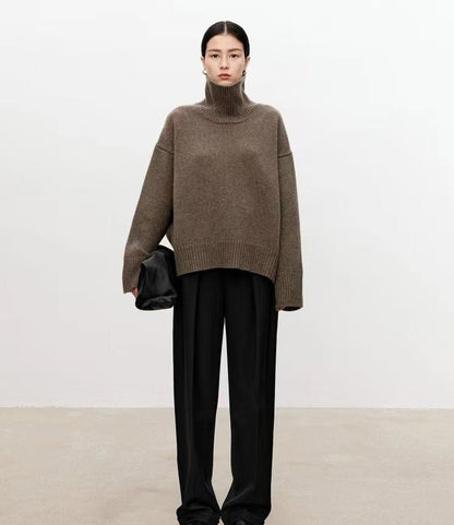 High neck cashmere sweater for women loose and thick with Woolen sweater with a knitted base - 7DAY'S