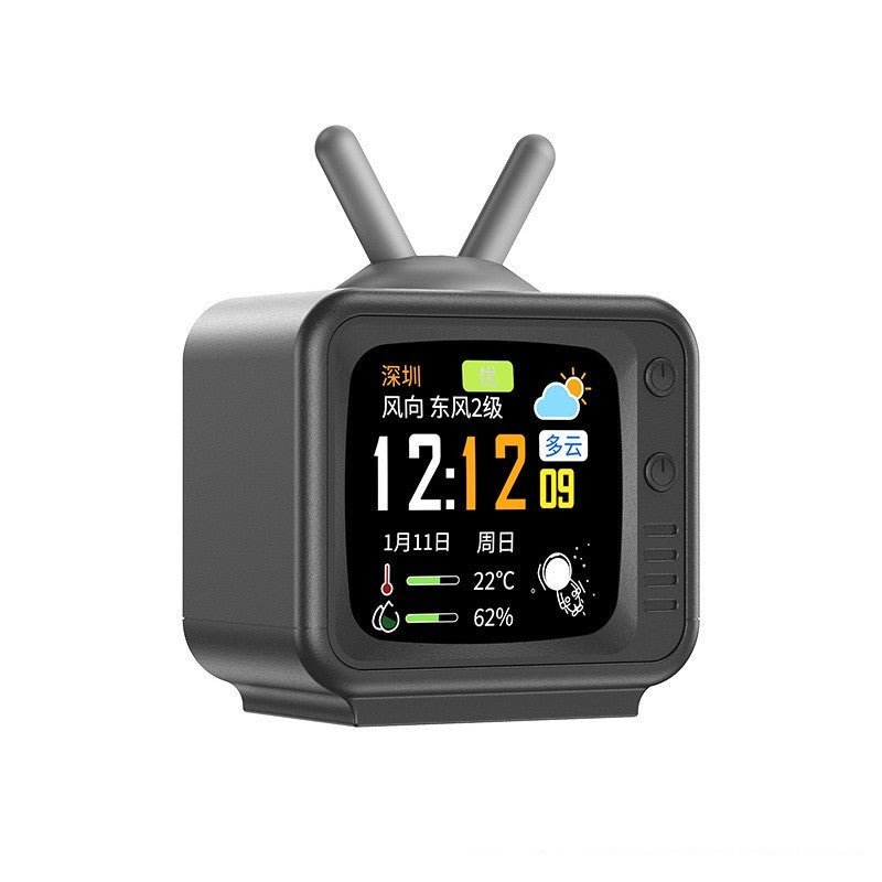 Retro TV-style smart clock displaying time, weather, temp, and humidity with antenna design