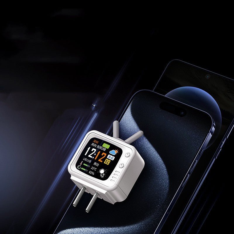 Smart wall charger with digital display showing time, weather, and battery status for phone charging