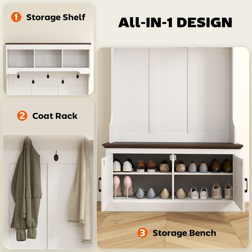 HOMCOM 3 - in - 1 Hall Tree with Shoe Storage, Coat Rack with Bench, Entryway Furniture with Five Hooks, White Wood Grain - 7DAY'S