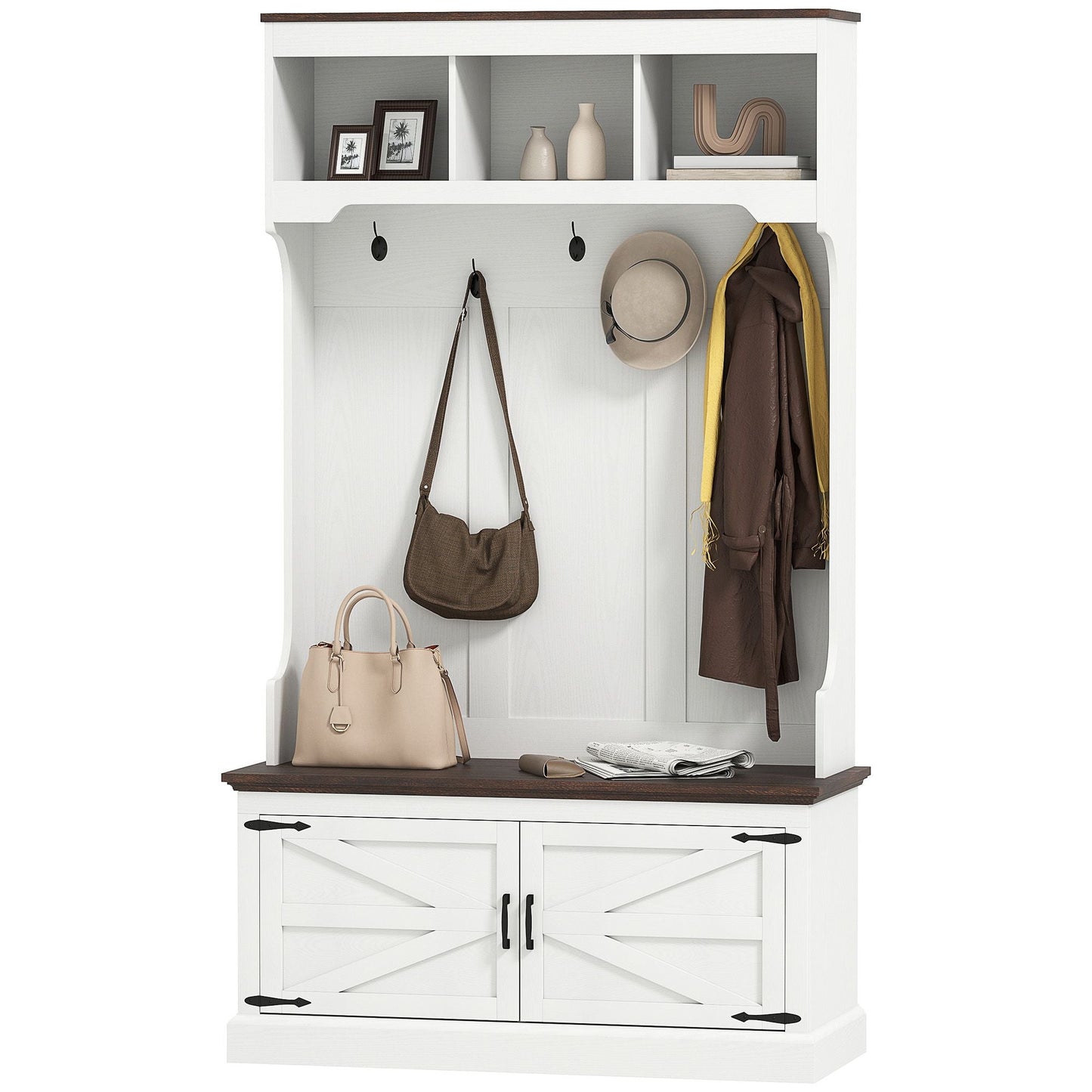 HOMCOM 3 - in - 1 Hall Tree with Shoe Storage, Coat Rack with Bench, Entryway Furniture with Five Hooks, White Wood Grain - 7DAY'S