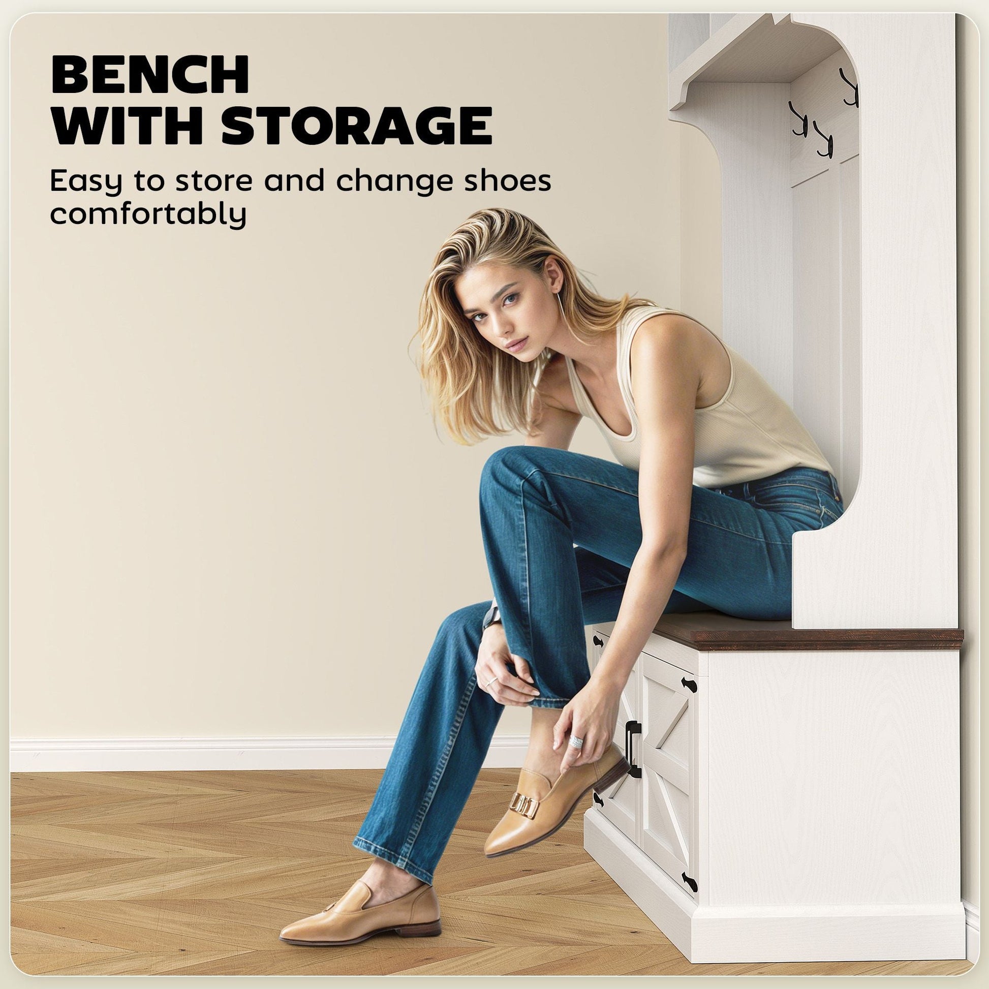 HOMCOM 3 - in - 1 Hall Tree with Shoe Storage, Coat Rack with Bench, Entryway Furniture with Five Hooks, White Wood Grain - 7DAY'S