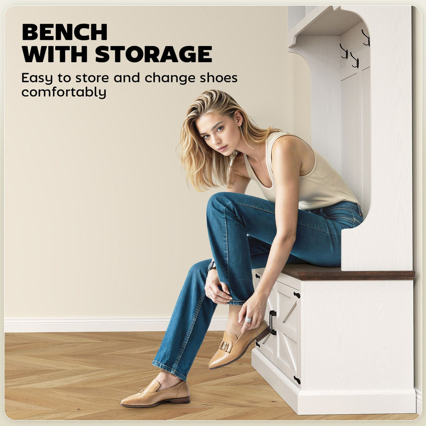 HOMCOM 3 - in - 1 Hall Tree with Shoe Storage, Coat Rack with Bench, Entryway Furniture with Five Hooks, White Wood Grain - 7DAY'S