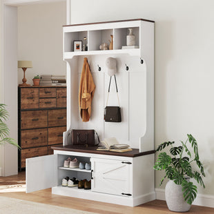 HOMCOM 3 - in - 1 Hall Tree with Shoe Storage, Coat Rack with Bench, Entryway Furniture with Five Hooks, White Wood Grain - 7DAY'S