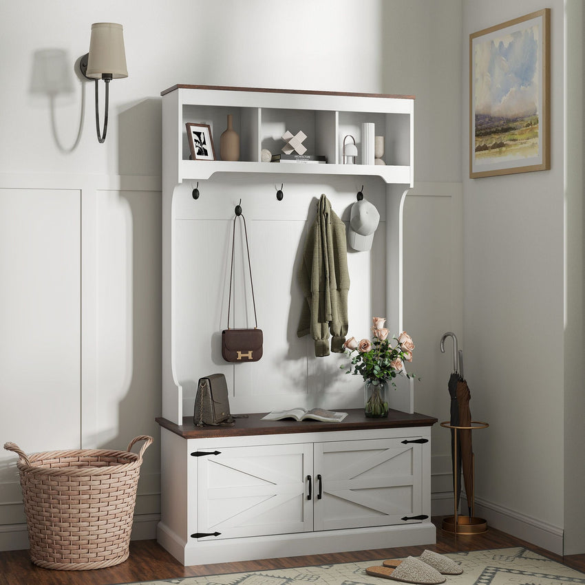 HOMCOM 3 - in - 1 Hall Tree with Shoe Storage, Coat Rack with Bench, Entryway Furniture with Five Hooks, White Wood Grain - 7DAY'S