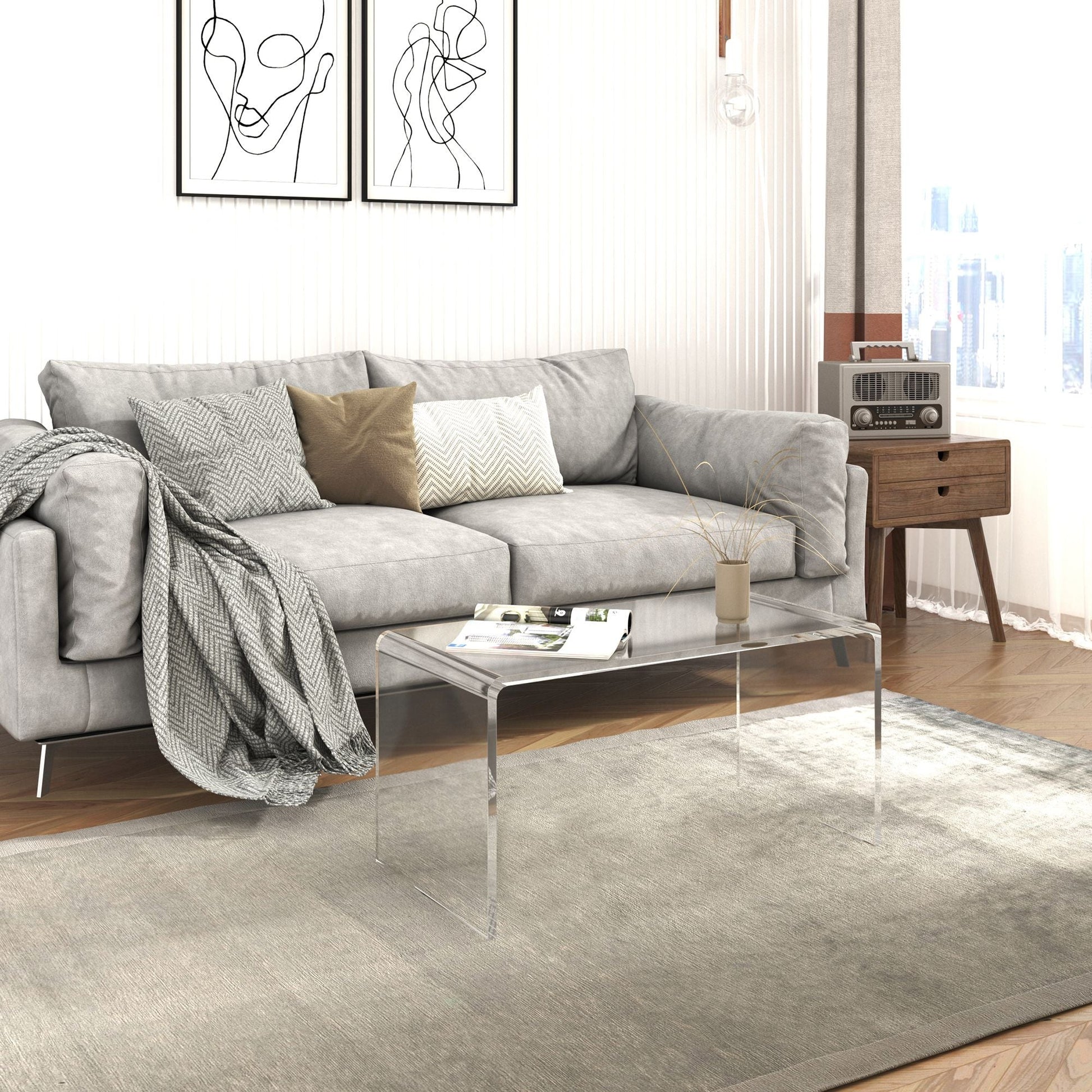 HOMCOM 32" Clear Acrylic Coffee Table, 0.5In Thick C - Shape Waterfall End Coffee Table, Multipurpose Lucite Tea Table for Living Room - 7DAY'S