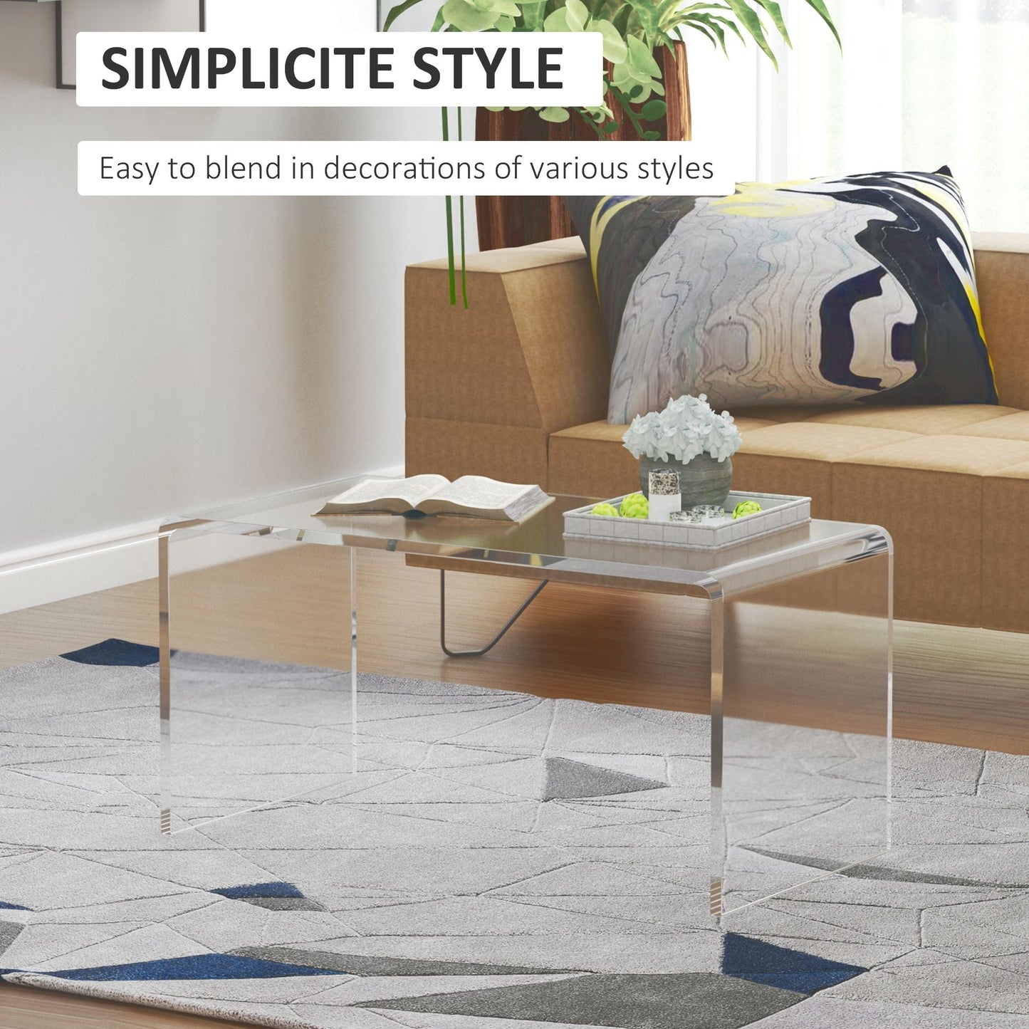 HOMCOM 32" Clear Acrylic Coffee Table, 0.5In Thick C - Shape Waterfall End Coffee Table, Multipurpose Lucite Tea Table for Living Room - 7DAY'S