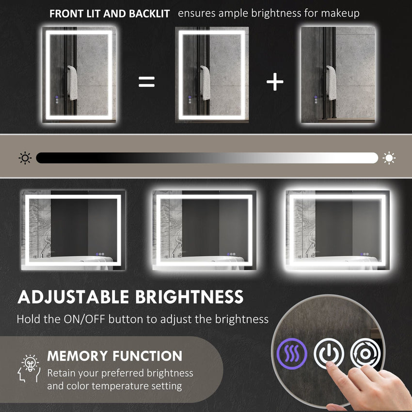 HOMCOM Dimmable Bathroom Mirror with Lights, 32" x 24" Backlit/Front Lit LED Mirror, Anti - Fog, Memory, Infinite Color Temp - 7DAY'S
