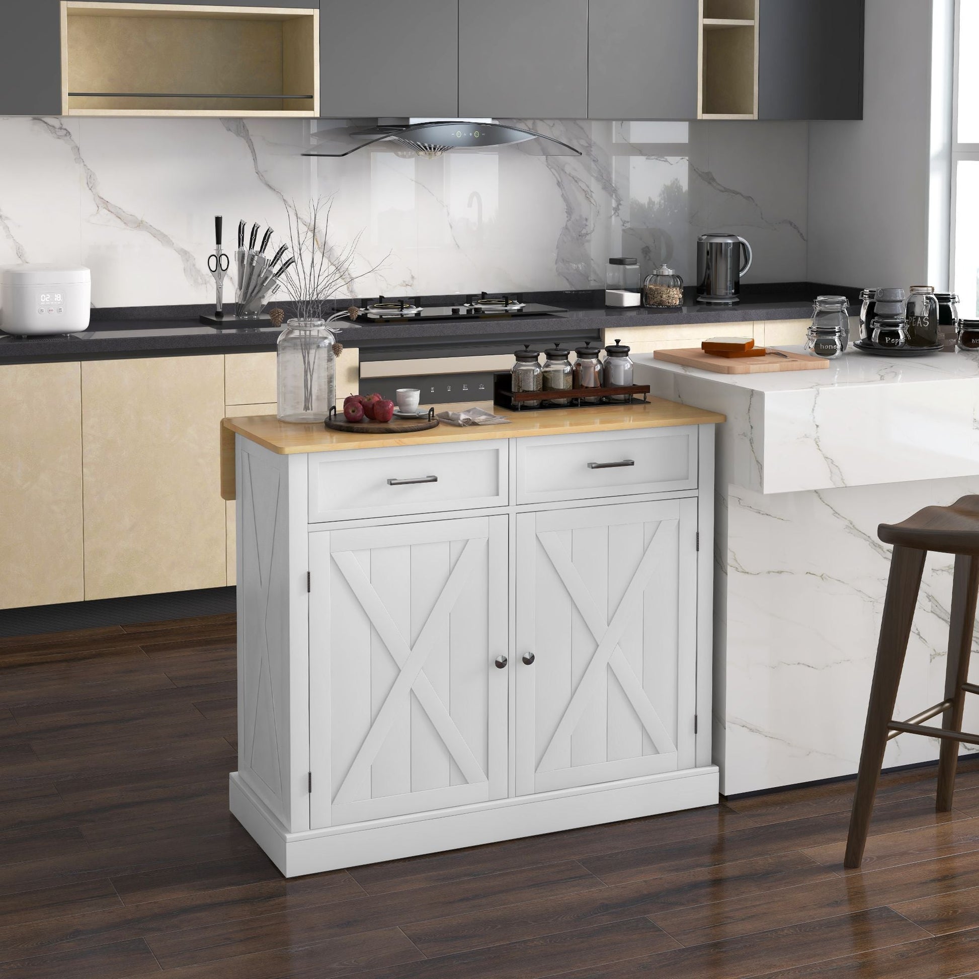 HOMCOM Farmhouse Kitchen Island Cart with Drop Leaf Breakfast Bar, 2 Drawers, Adjustable Shelves, White Wood - 7DAY'S