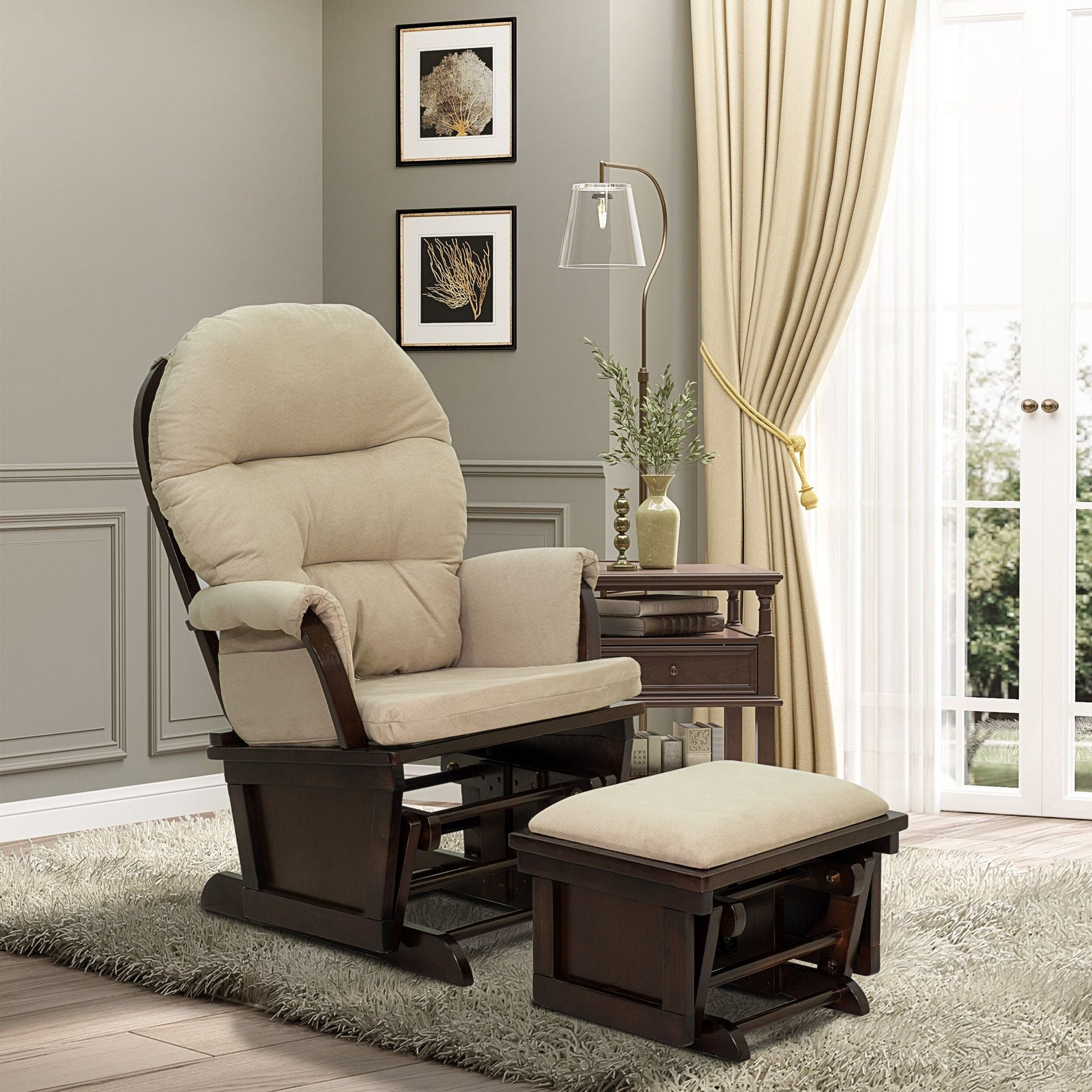 HOMCOM Nursery Glider Rocking Chair with Ottoman, Thick Padded Cushion Seating and Wood Base, Cream White - 7DAY'S
