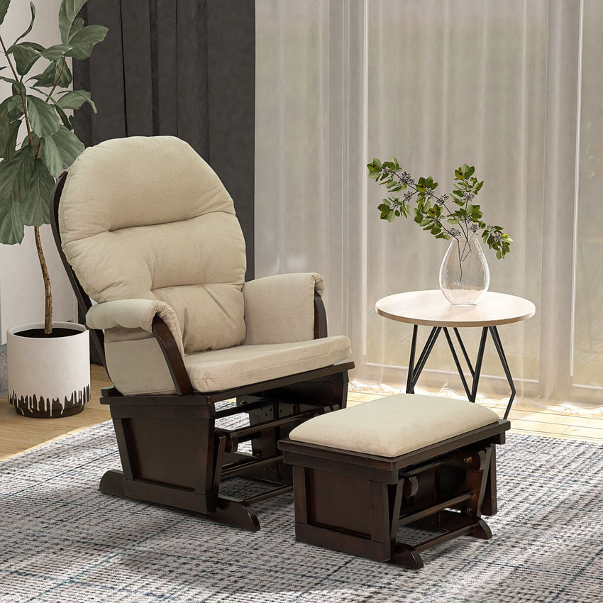 HOMCOM Nursery Glider Rocking Chair with Ottoman, Thick Padded Cushion Seating and Wood Base, Cream White - 7DAY'S