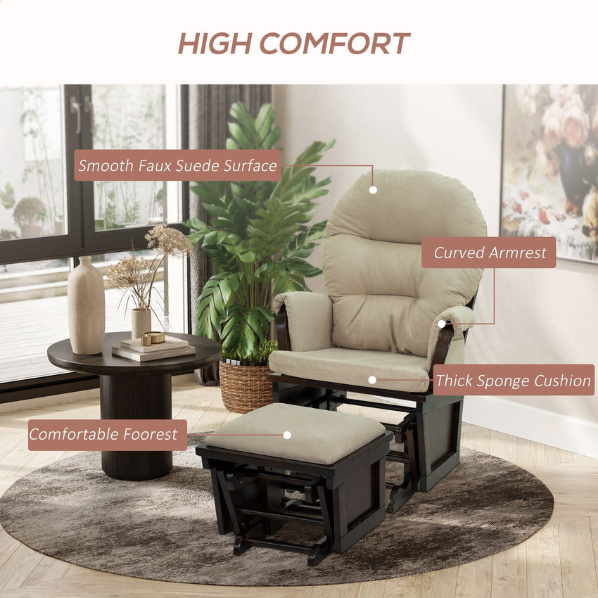 HOMCOM Nursery Glider Rocking Chair with Ottoman, Thick Padded Cushion Seating and Wood Base, Cream White - 7DAY'S