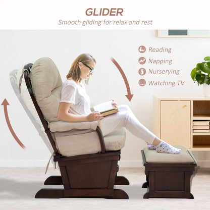 HOMCOM Nursery Glider Rocking Chair with Ottoman, Thick Padded Cushion Seating and Wood Base, Cream White - 7DAY'S