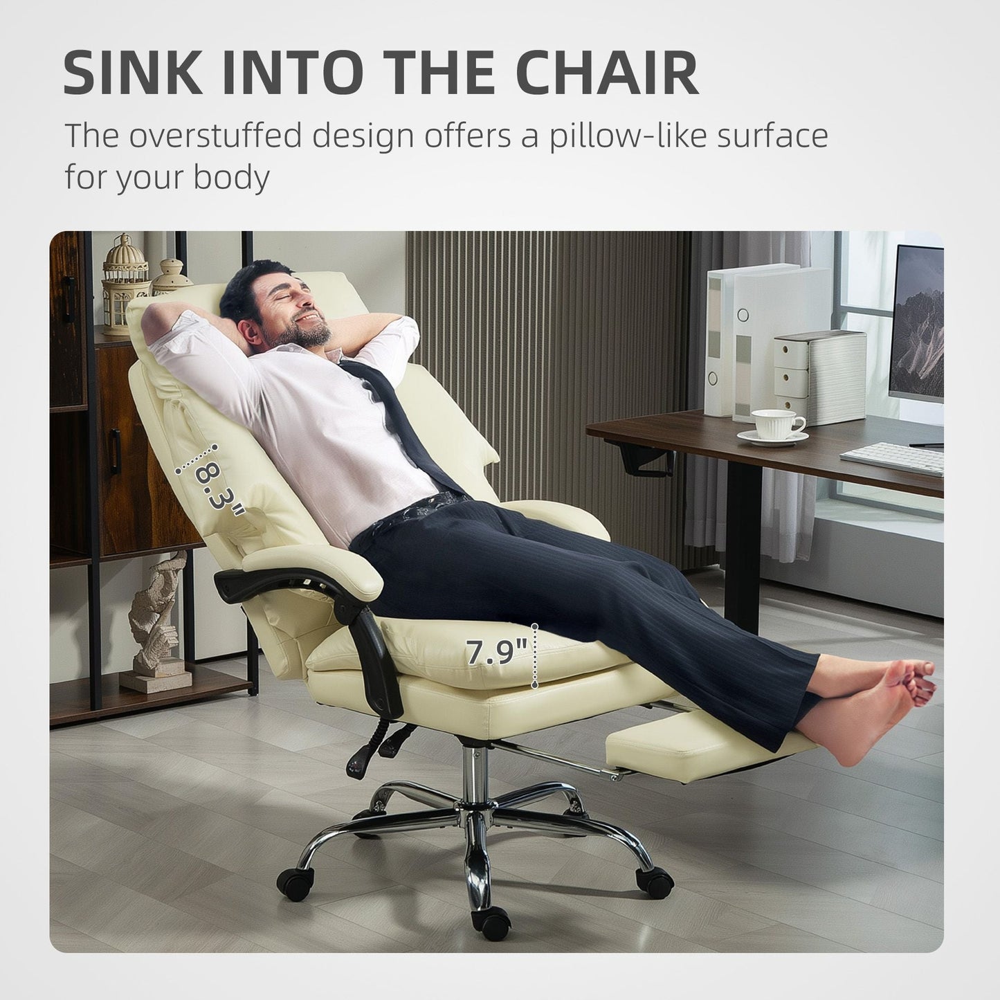 HOMCOM Overstuffed Office Chair, High Back Desk Chair with Foot Rest, Reclining PU Leather Computer Chair, Cream White - 7DAY'S