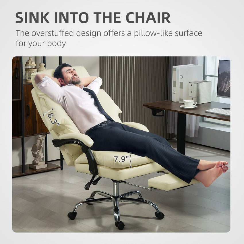 HOMCOM Overstuffed Office Chair, High Back Desk Chair with Foot Rest, Reclining PU Leather Computer Chair, Cream White - 7DAY'S