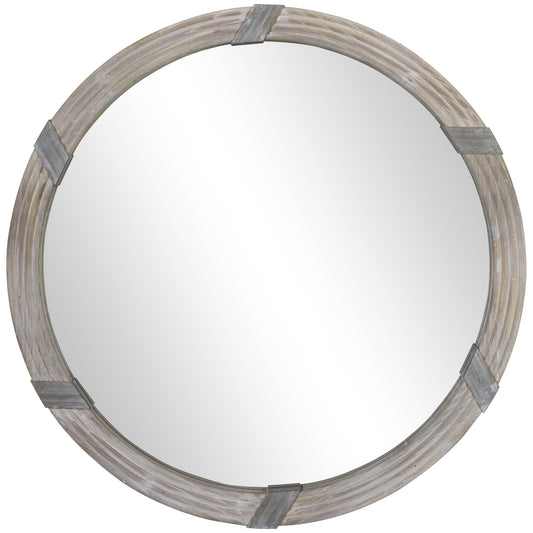 HOMCOM Round Wood Wall Mirror 31 Inch Natural Wood Color for Living Room Bedroom - 7DAY'S