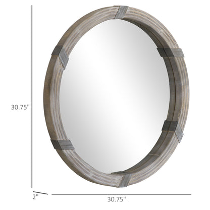 HOMCOM Round Wood Wall Mirror 31 Inch Natural Wood Color for Living Room Bedroom - 7DAY'S