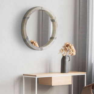HOMCOM Round Wood Wall Mirror 31 Inch Natural Wood Color for Living Room Bedroom - 7DAY'S