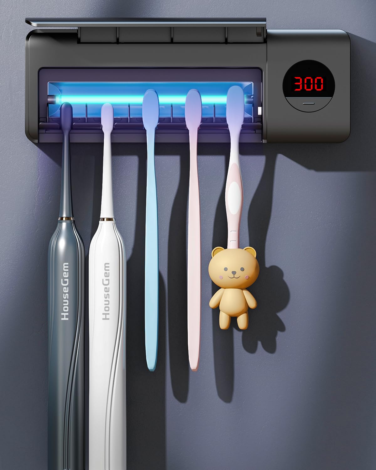HouseGem Toothbrush Holder, Timer Function, 2000mAh Rechargeable Cordless Wall - Mounted Bathroom (White) - 7DAY'S