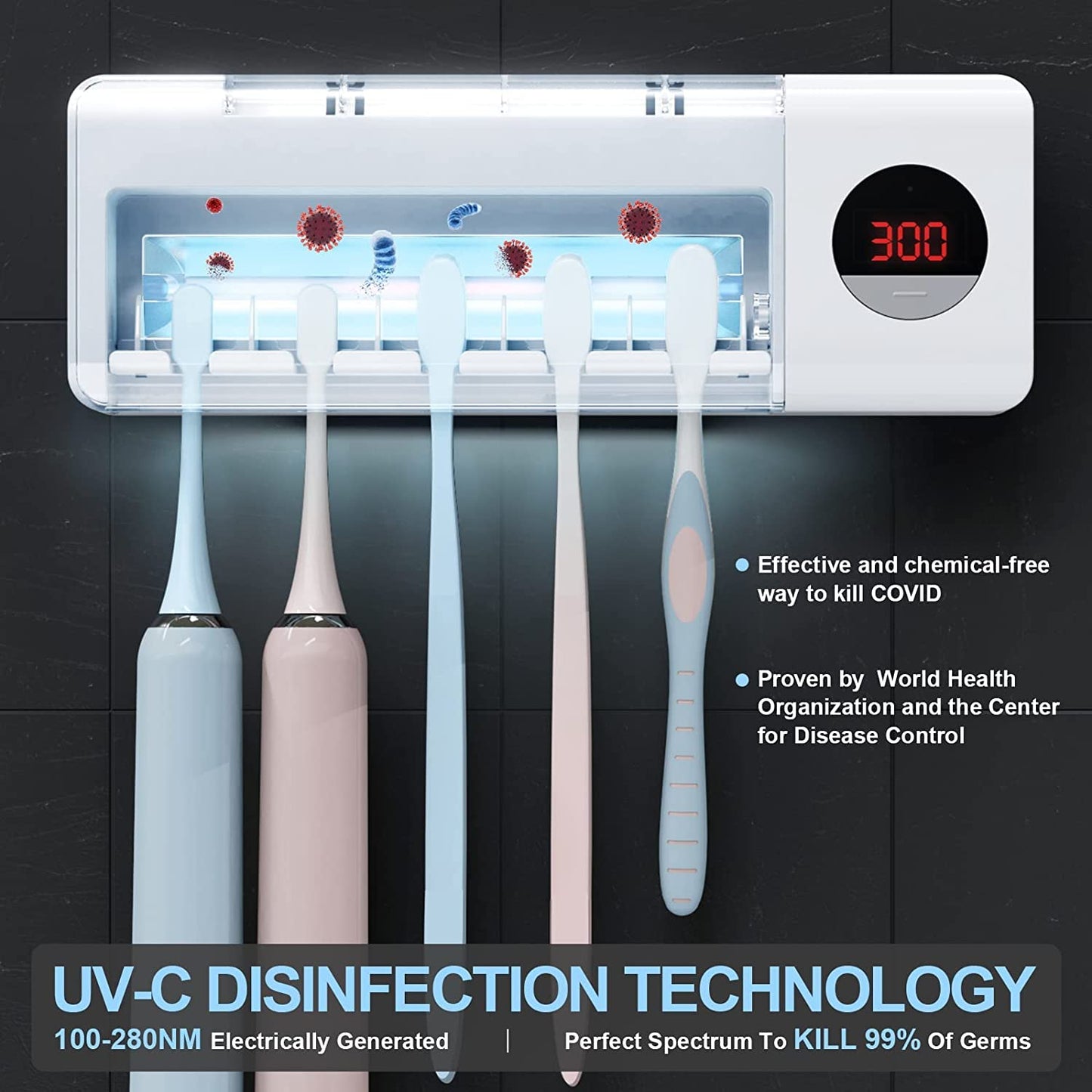 HouseGem Toothbrush Holder, Timer Function, 2000mAh Rechargeable Cordless Wall - Mounted Bathroom (White) - 7DAY'S