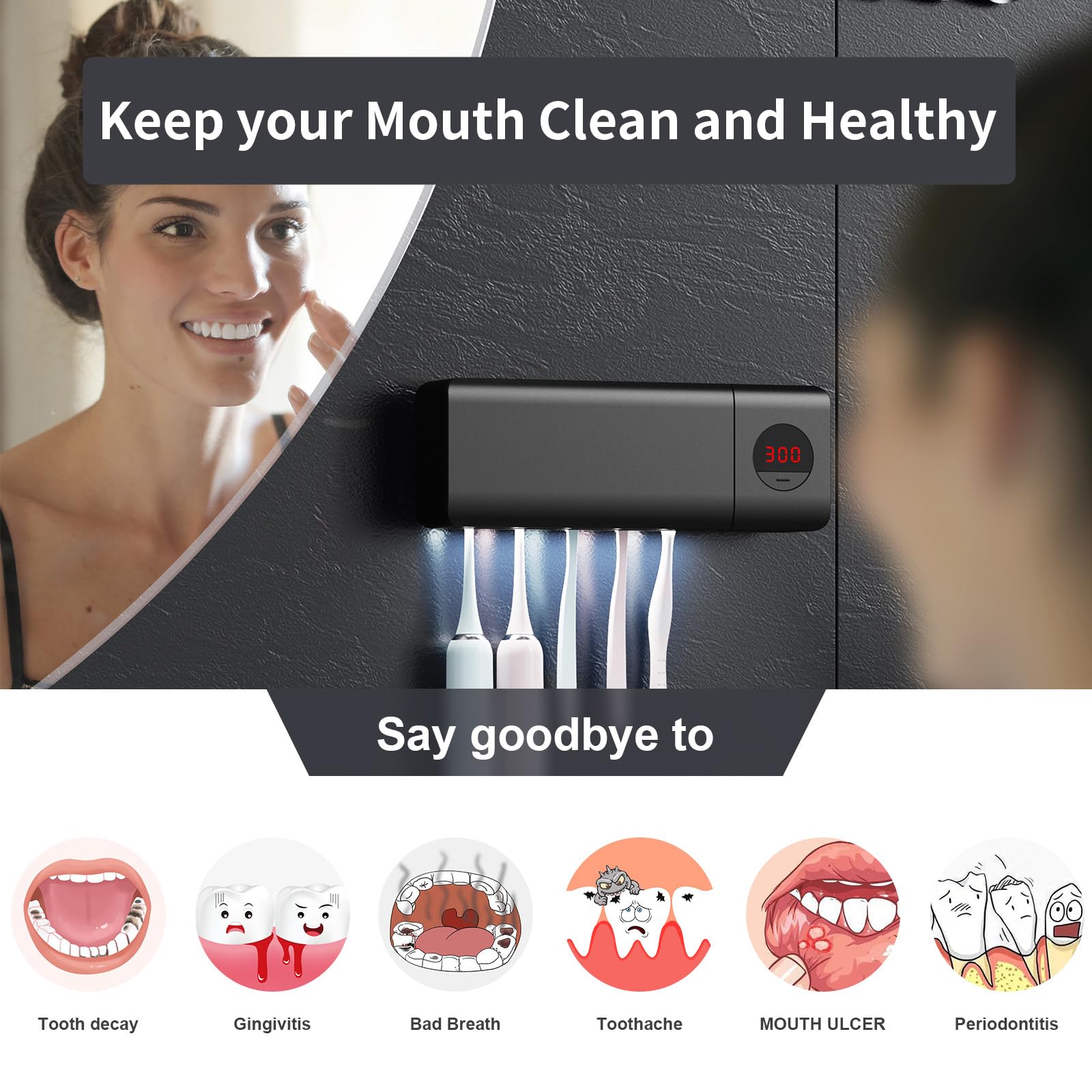 HouseGem Toothbrush Holder, Timer Function, 2000mAh Rechargeable Cordless Wall - Mounted Bathroom (White) - 7DAY'S