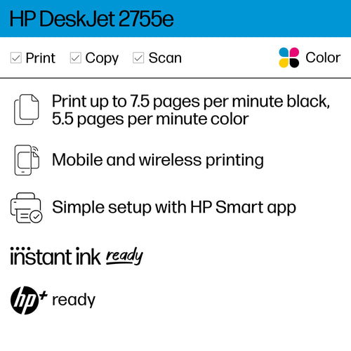 HP DeskJet 2755e Wireless Color inkjet - printer, Print, scan, copy, Easy setup, Mobile printing, Best - for home, 6 month Instant Ink trial included, white (packaging may vary) - 7DAY'S