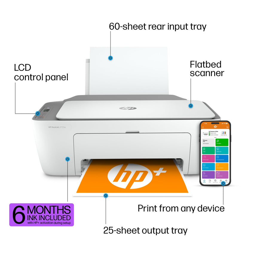 HP DeskJet 2755e Wireless Color inkjet - printer, Print, scan, copy, Easy setup, Mobile printing, Best - for home, 6 month Instant Ink trial included, white (packaging may vary) - 7DAY'S