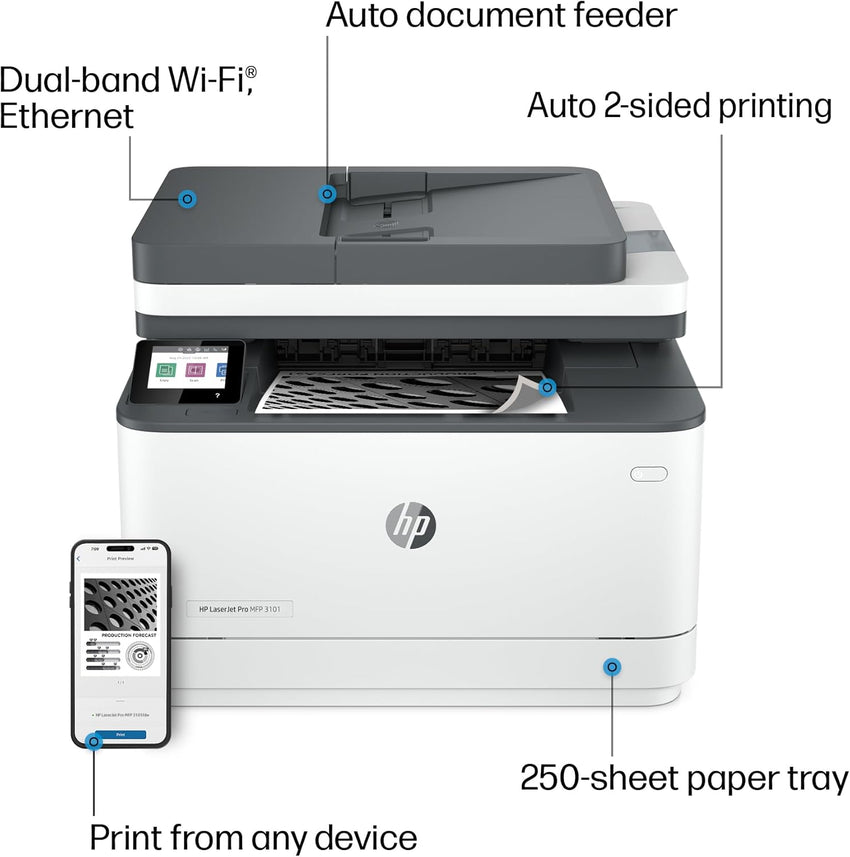HP LaserJet Pro MFP 3101fdw Wireless Black & White All - in - One Laser Printer, Scanner, Copier, Fax, Best - for - Office (3G628F) - 7DAY'S