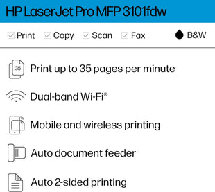HP LaserJet Pro MFP 3101fdw Wireless Black & White All - in - One Laser Printer, Scanner, Copier, Fax, Best - for - Office (3G628F) - 7DAY'S