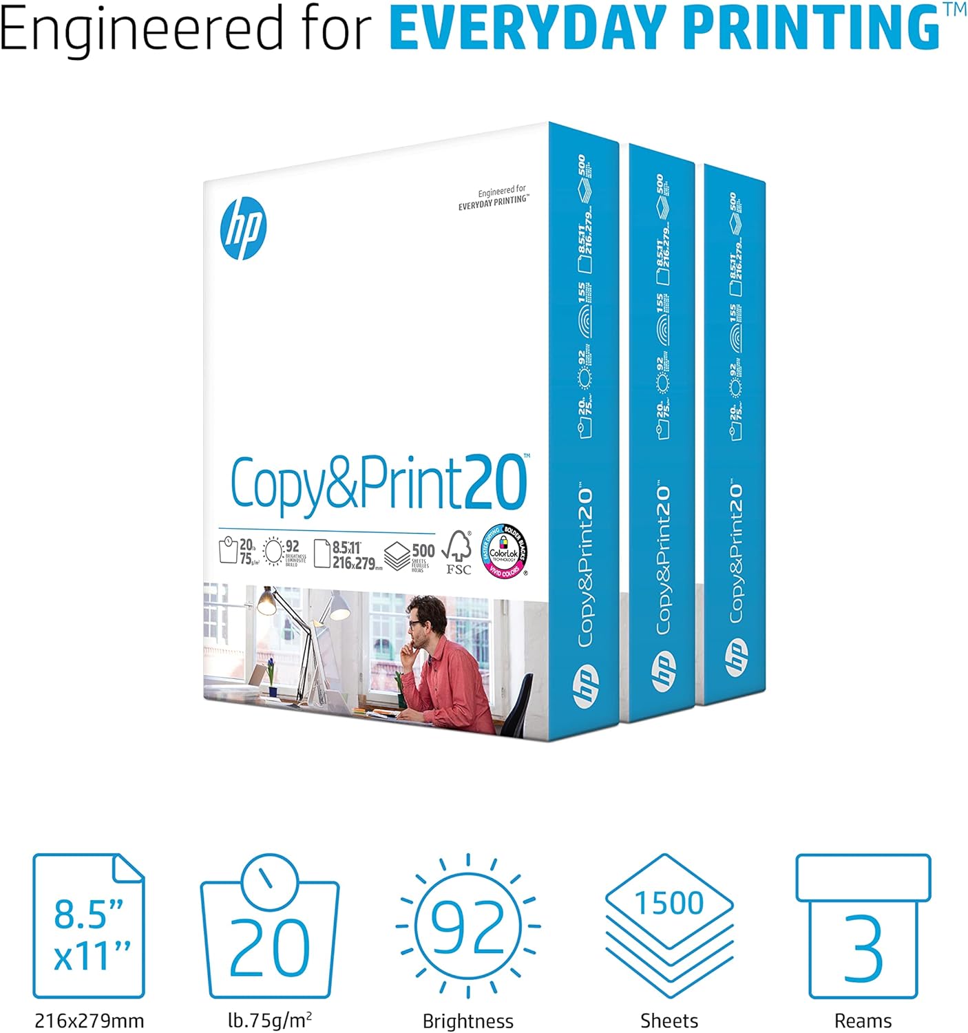 HP Printer Paper | 8.5 x 11 Paper | Copy &Print 20 lb | 1 Ream Case - 500 Sheets| 92 Bright | Made in USA - FSC Certified | 200060 - 7DAY'S