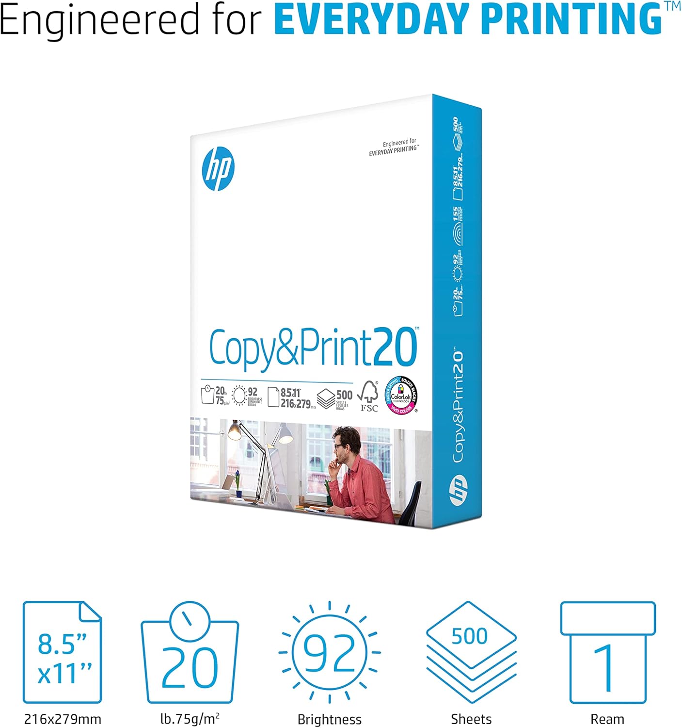 HP Printer Paper | 8.5 x 11 Paper | Copy &Print 20 lb | 1 Ream Case - 500 Sheets| 92 Bright | Made in USA - FSC Certified | 200060 - 7DAY'S