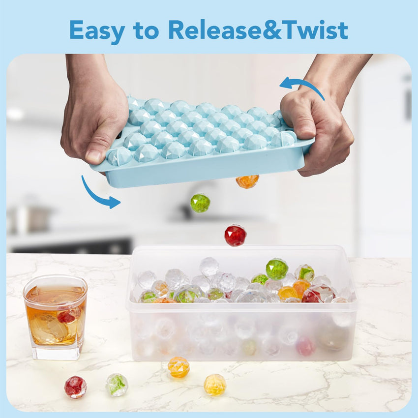 Ice Cube Trays for Freezer - 2 - Pack Ice Cube Tray with Lid and Bin，BPA - Free Easy Release Ice Cube Tray for Cocktails, Whiskey, Sodas,Diamond 1 Inch Ice Molds Set - 7DAY'S