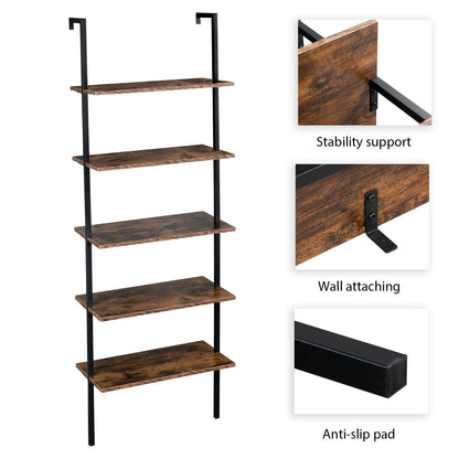 Industrial Wall Mounted Bookcase 5 - Tier Open Ladder Shelf Bookshelf with Metal Frame, 23.6" L x 11.8" W x 70.9" H - 7DAY'S