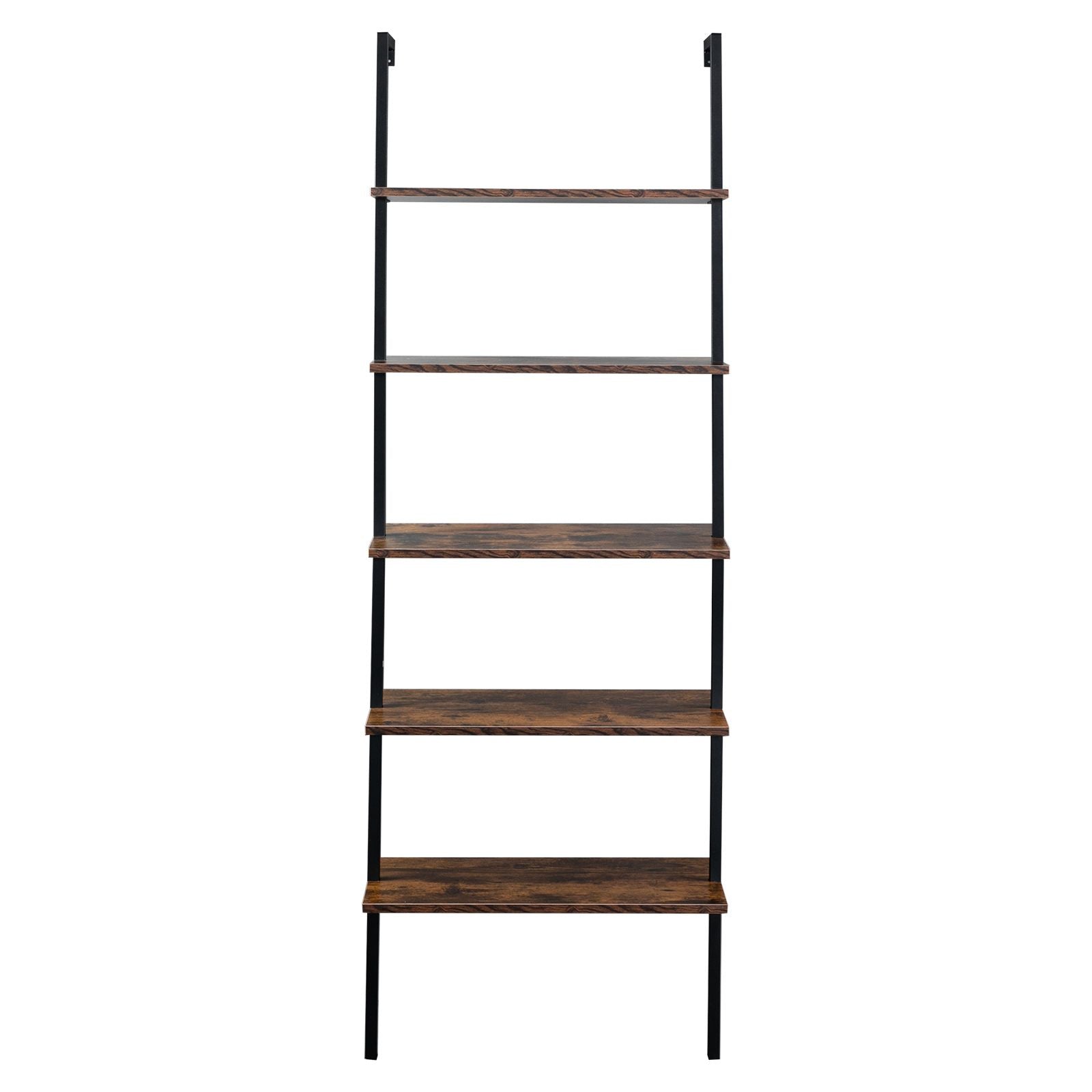 Industrial Wall Mounted Bookcase 5 - Tier Open Ladder Shelf Bookshelf with Metal Frame, 23.6" L x 11.8" W x 70.9" H - 7DAY'S