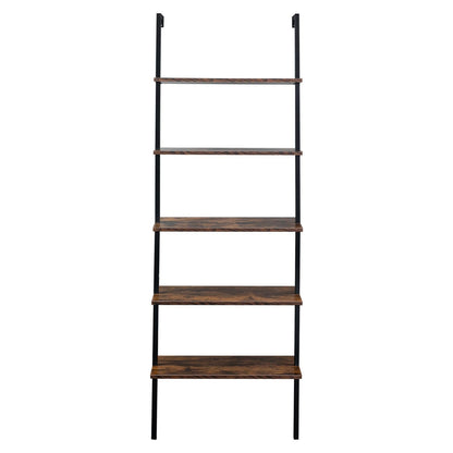 Industrial Wall Mounted Bookcase 5 - Tier Open Ladder Shelf Bookshelf with Metal Frame, 23.6" L x 11.8" W x 70.9" H - 7DAY'S