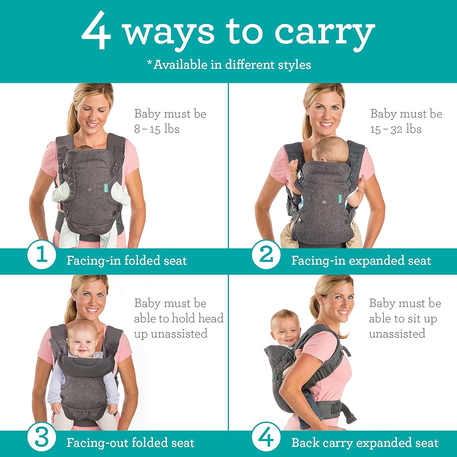 Infantino Flip 4 - in - 1 Convertible Baby Carrier, Adjustable, Ergonomic Babywearing, Registry Essential, Baby Carrier for Newborn to Toddler, Gray - 7DAY'S