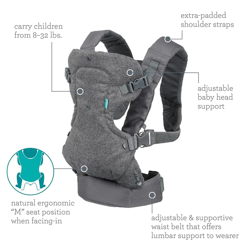 Infantino Flip 4 - in - 1 Convertible Baby Carrier, Adjustable, Ergonomic Babywearing, Registry Essential, Baby Carrier for Newborn to Toddler, Gray - 7DAY'S
