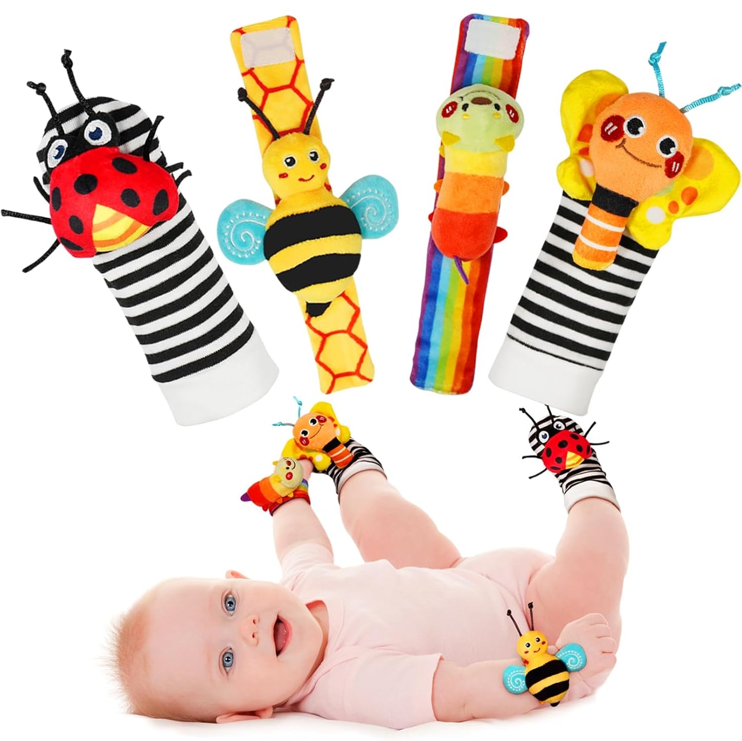 Infinno Baby Wrist Rattle Socks and Foot Finder Set, Perfect Baby Toys for 0 - 12 Months Newborn Boys and Girls As Shower Gifts, Garden Bug Series - 7DAY'S