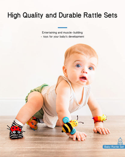 Infinno Baby Wrist Rattle Socks and Foot Finder Set, Perfect Baby Toys for 0 - 12 Months Newborn Boys and Girls As Shower Gifts, Garden Bug Series - 7DAY'S