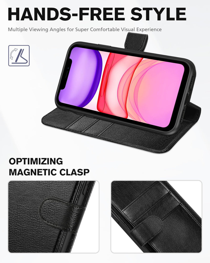 iPhone 11, [RFID Blocking] Card Slots Stand Magnetic Closure, Protective PU Leather [Shockproof TPU Interior Case] Flip Cover Compatible with iPhone 11 (2019 6.1 inch), Black - 7DAY'S