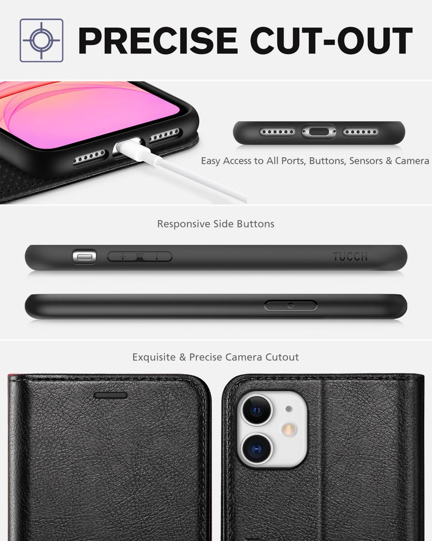 iPhone 11, [RFID Blocking] Card Slots Stand Magnetic Closure, Protective PU Leather [Shockproof TPU Interior Case] Flip Cover Compatible with iPhone 11 (2019 6.1 inch), Black - 7DAY'S
