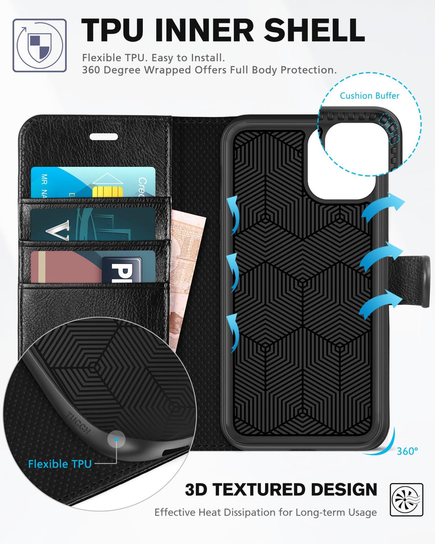 iPhone 11, [RFID Blocking] Card Slots Stand Magnetic Closure, Protective PU Leather [Shockproof TPU Interior Case] Flip Cover Compatible with iPhone 11 (2019 6.1 inch), Black - 7DAY'S